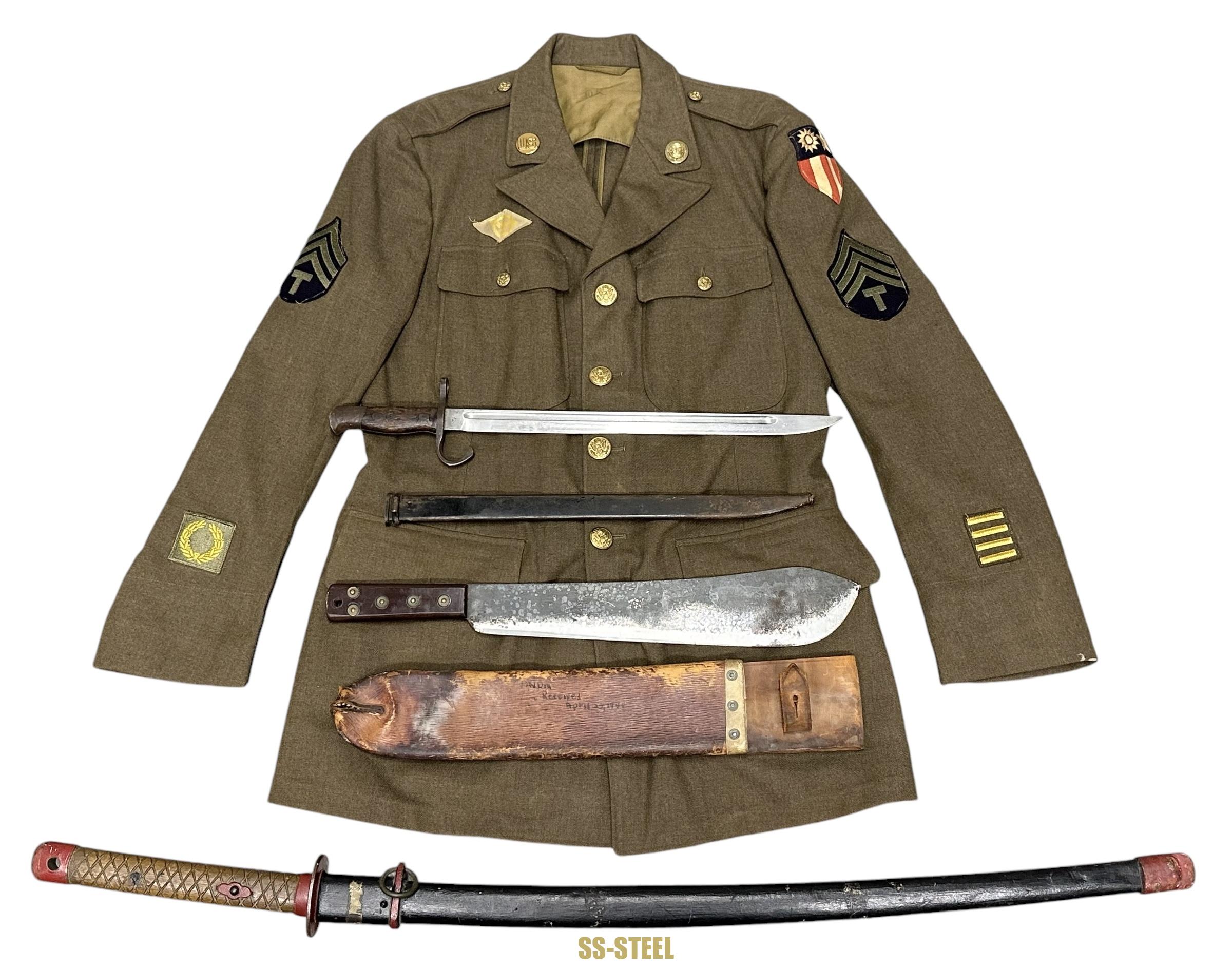 US CBI VET Pacific Grouping - Painted Samurai Sword,Uniform,Machete & Bayonet