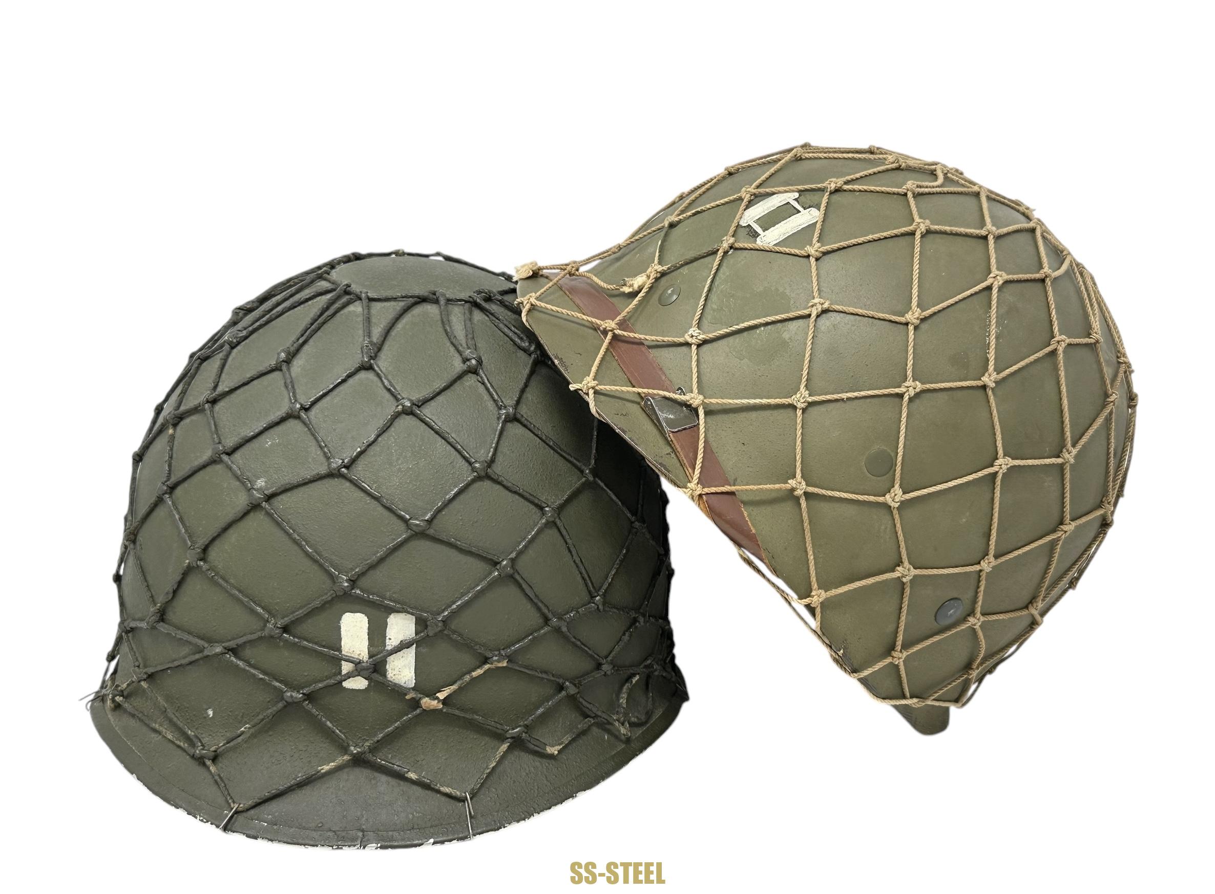 WWII US Captain Painted Camo Netted Helmet, Netted Liner