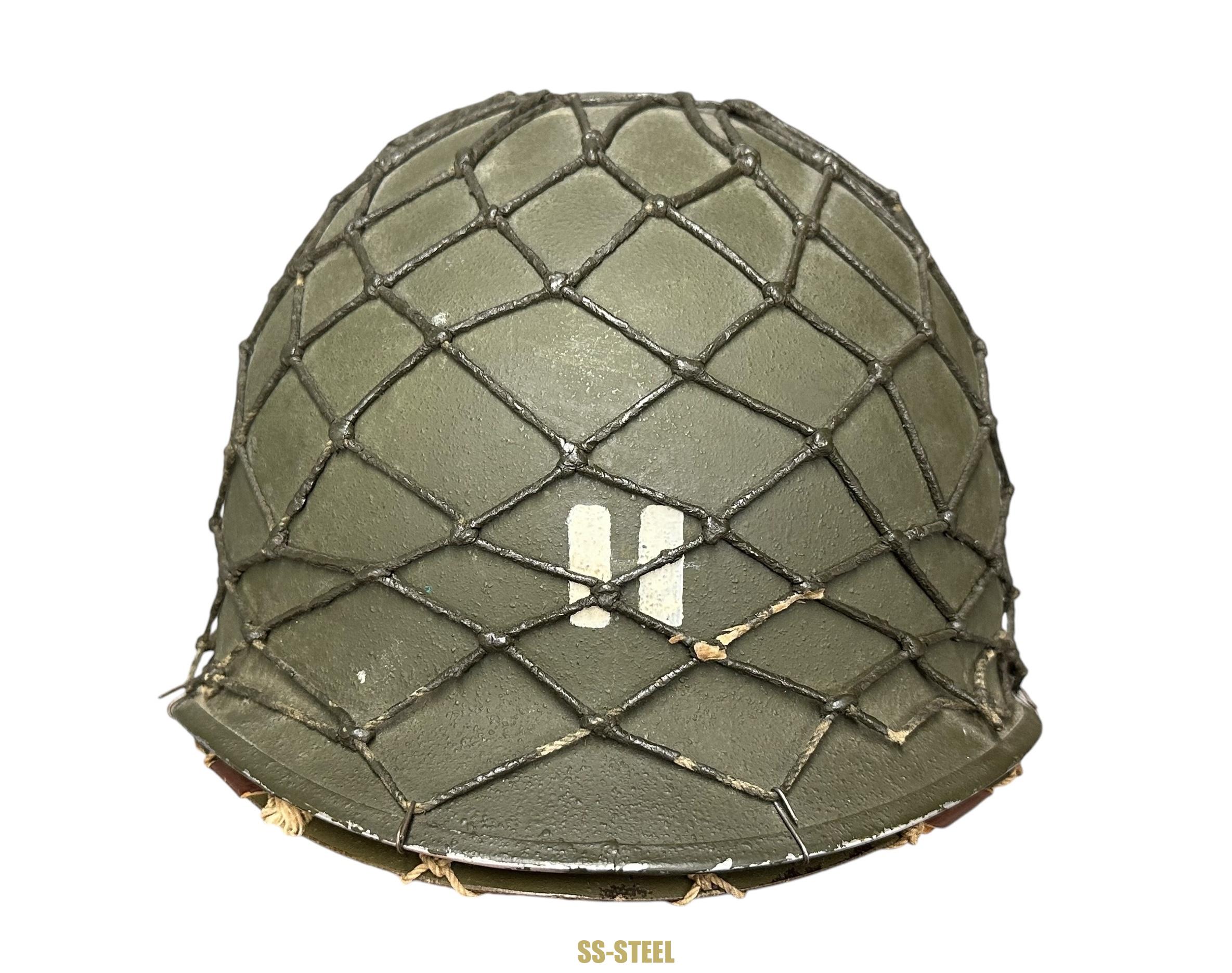 WWII US Captain Painted Camo Netted Helmet, Netted Liner - Image 2