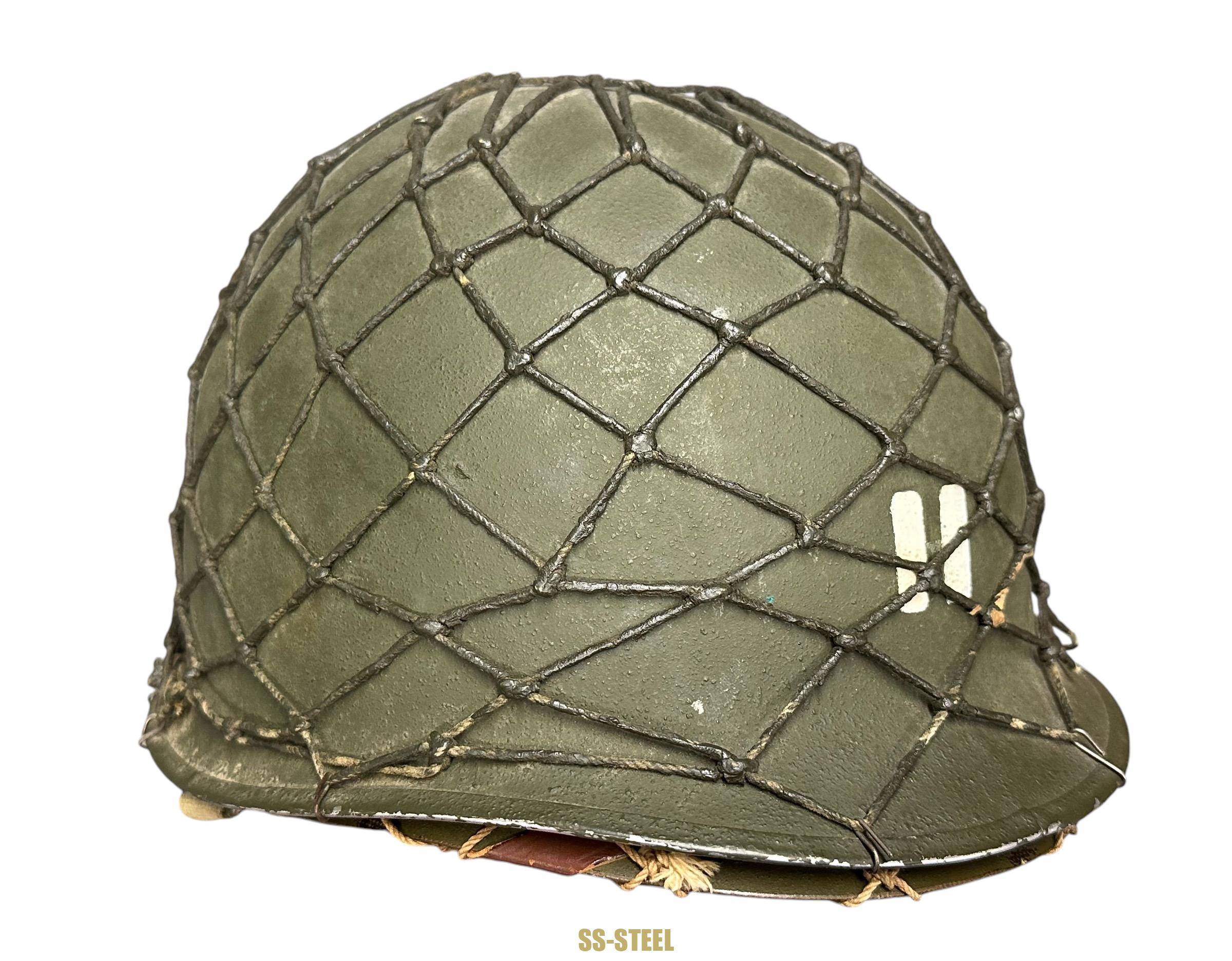 WWII US Captain Painted Camo Netted Helmet, Netted Liner - Image 3