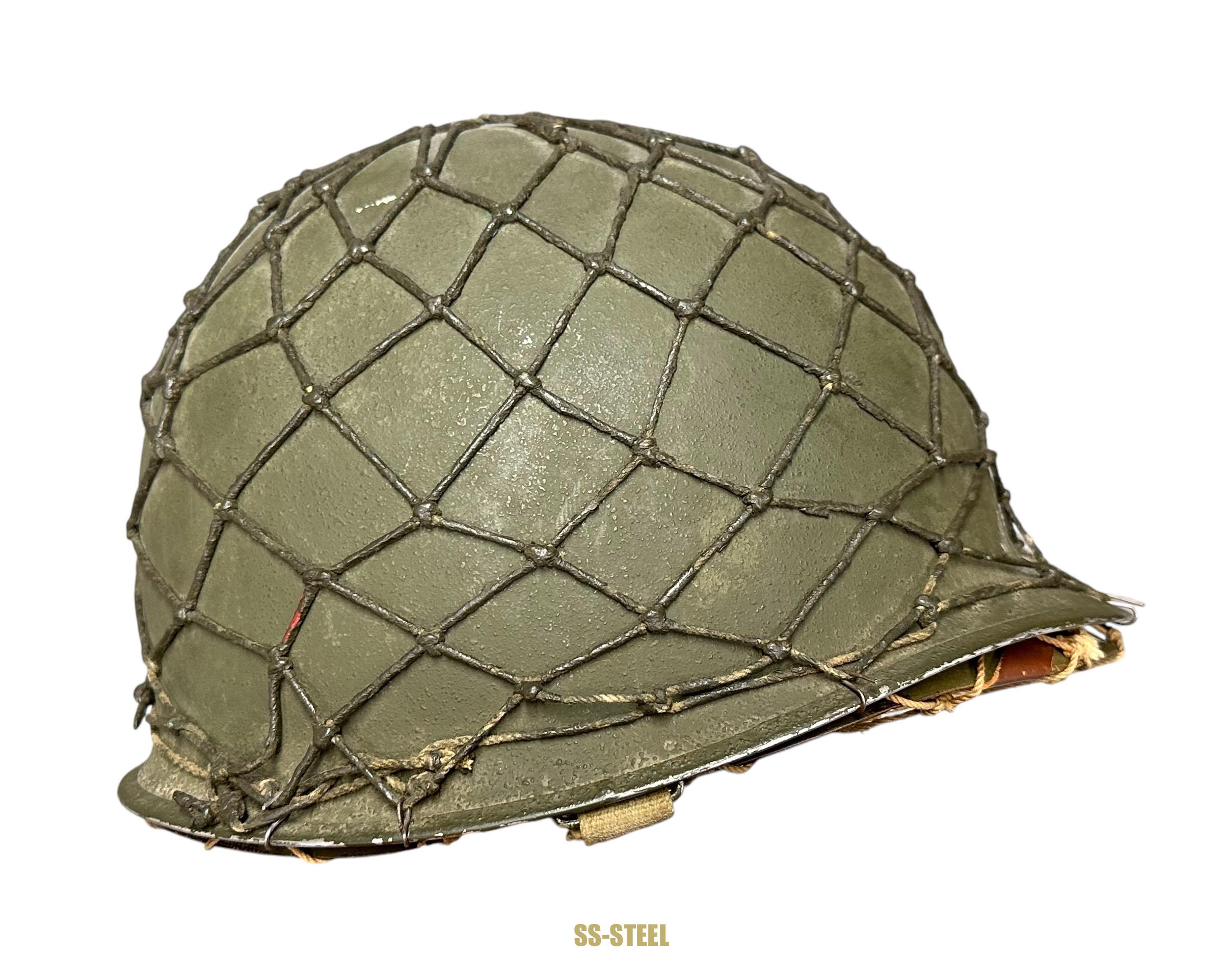 WWII US Captain Painted Camo Netted Helmet, Netted Liner - Image 4