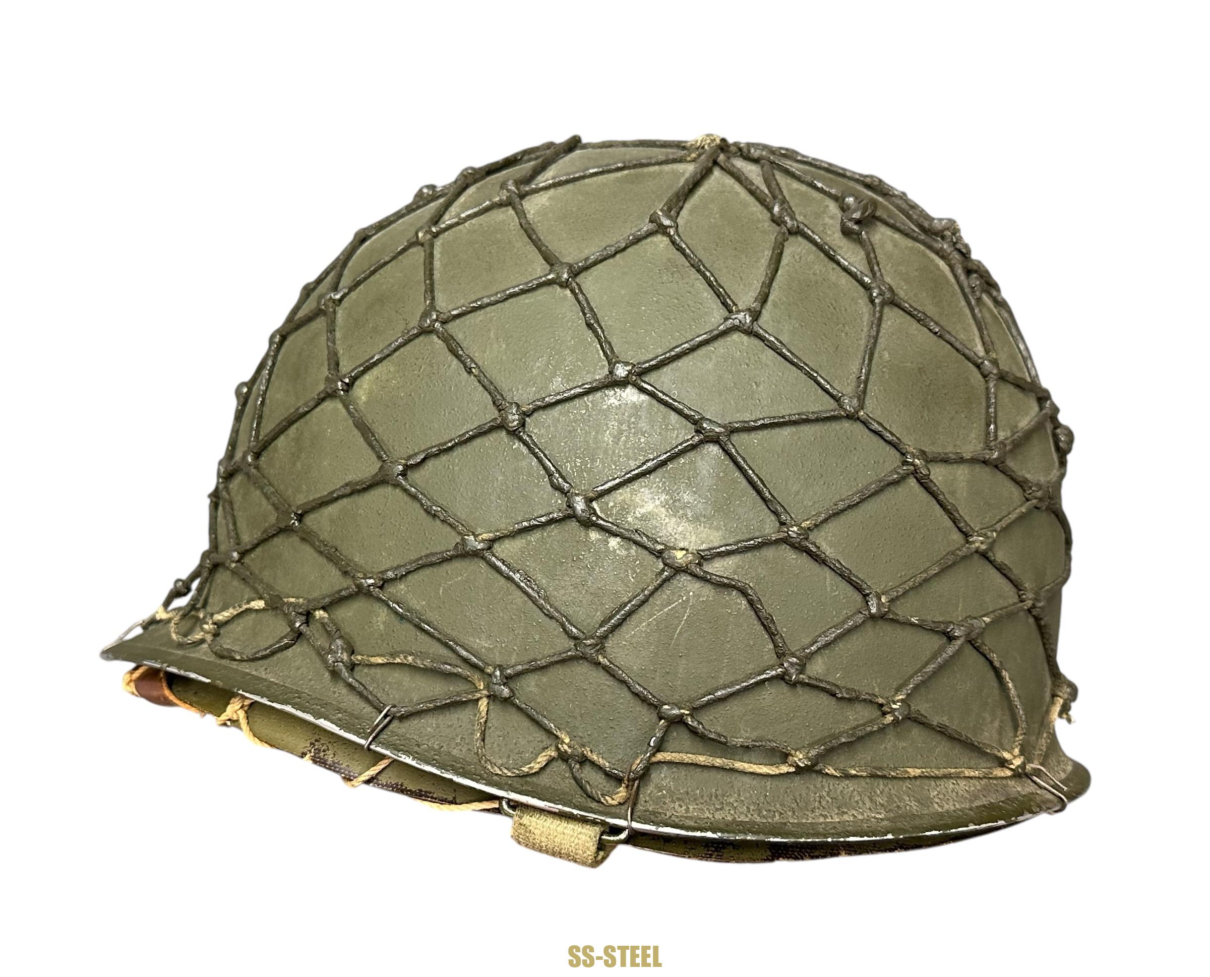 WWII US Captain Painted Camo Netted Helmet, Netted Liner - Image 6