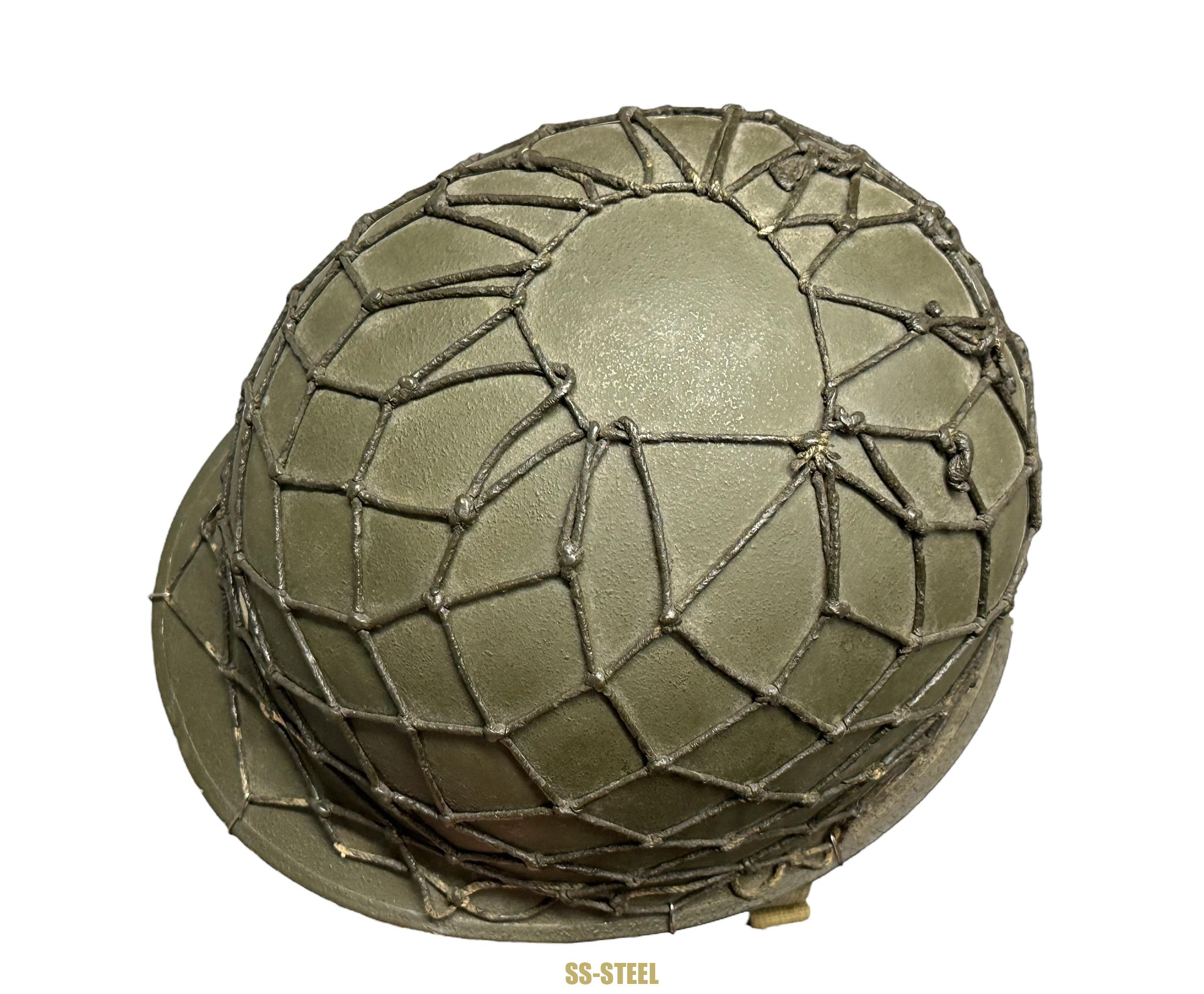 WWII US Captain Painted Camo Netted Helmet, Netted Liner - Image 7