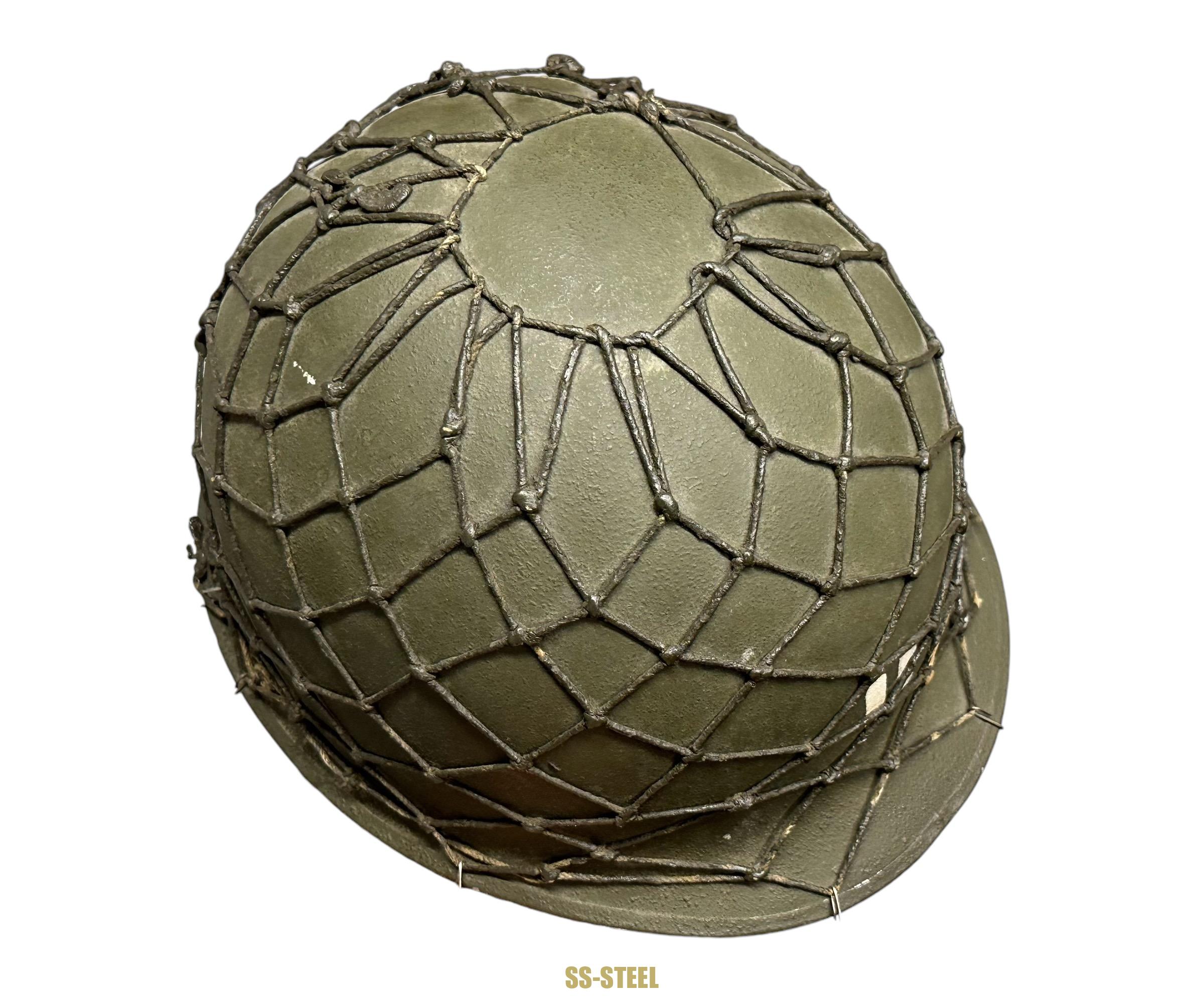 WWII US Captain Painted Camo Netted Helmet, Netted Liner - Image 8