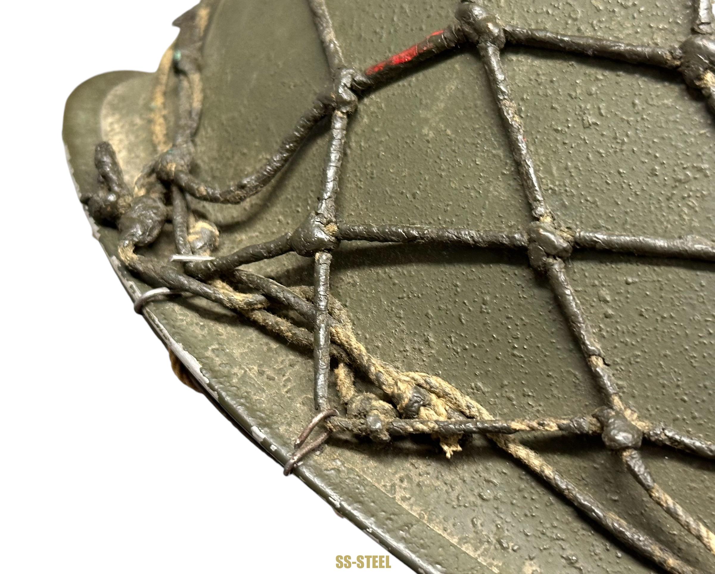 WWII US Captain Painted Camo Netted Helmet, Netted Liner - Image 10