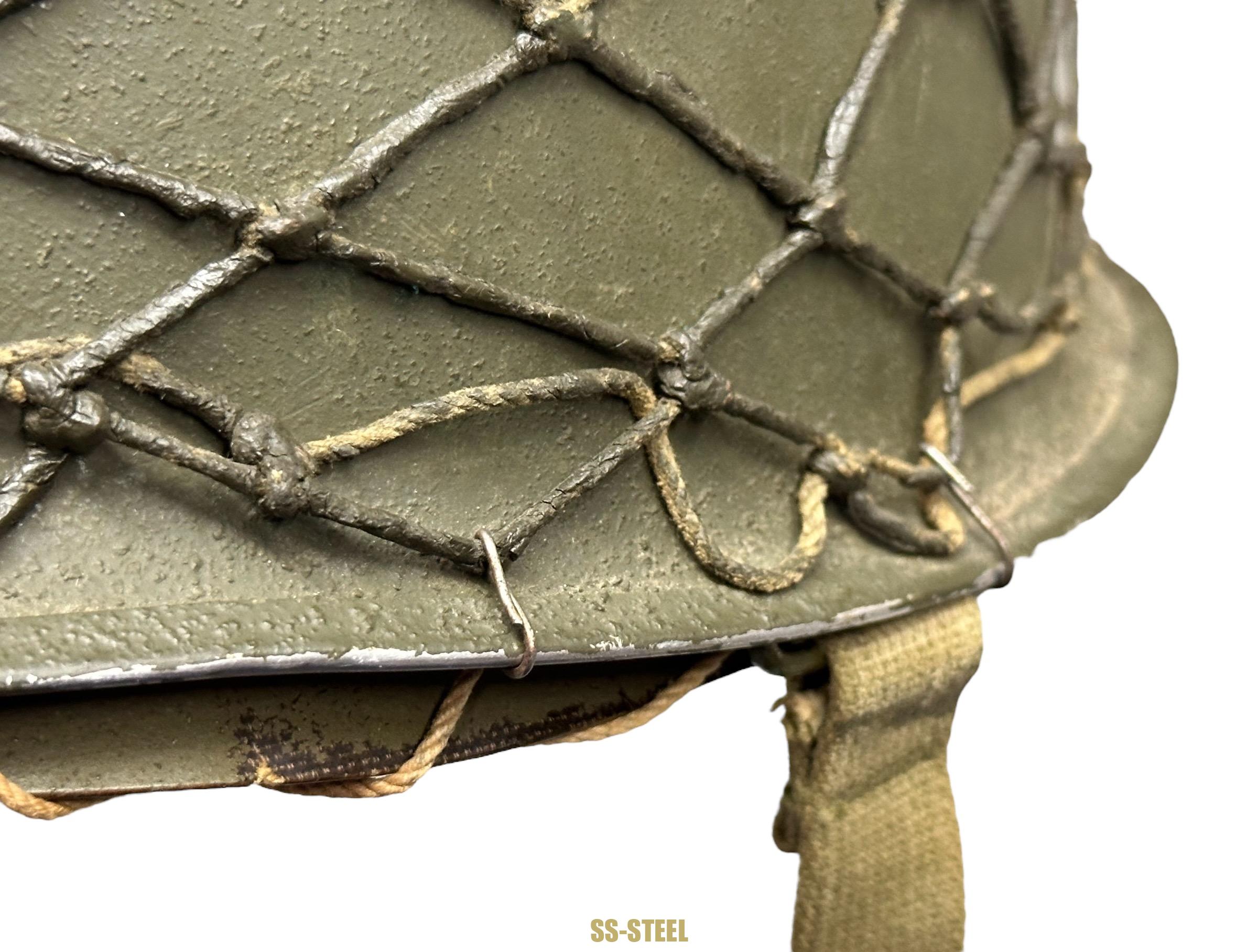 WWII US Captain Painted Camo Netted Helmet, Netted Liner - Image 12