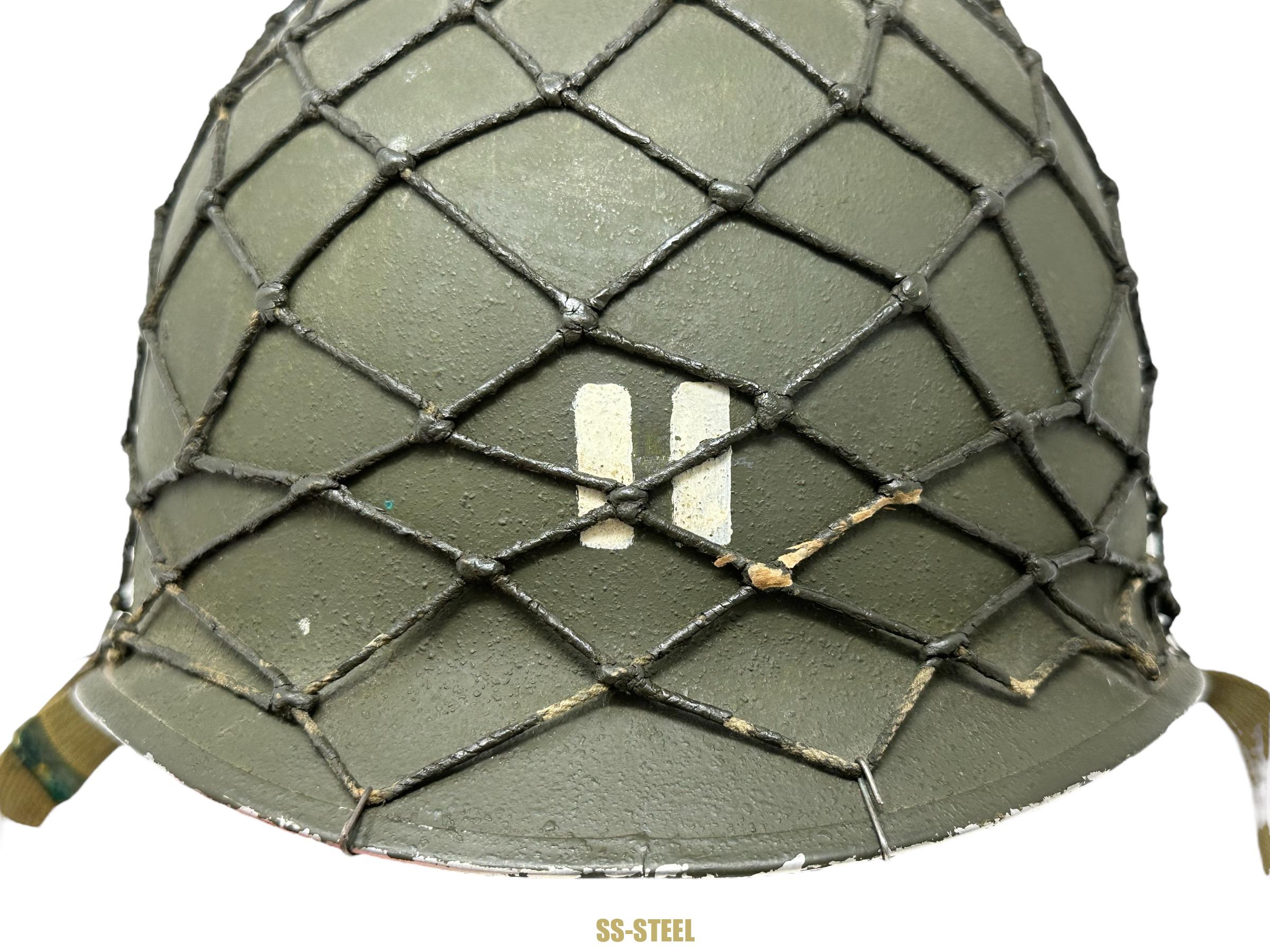 WWII US Captain Painted Camo Netted Helmet, Netted Liner - Image 14