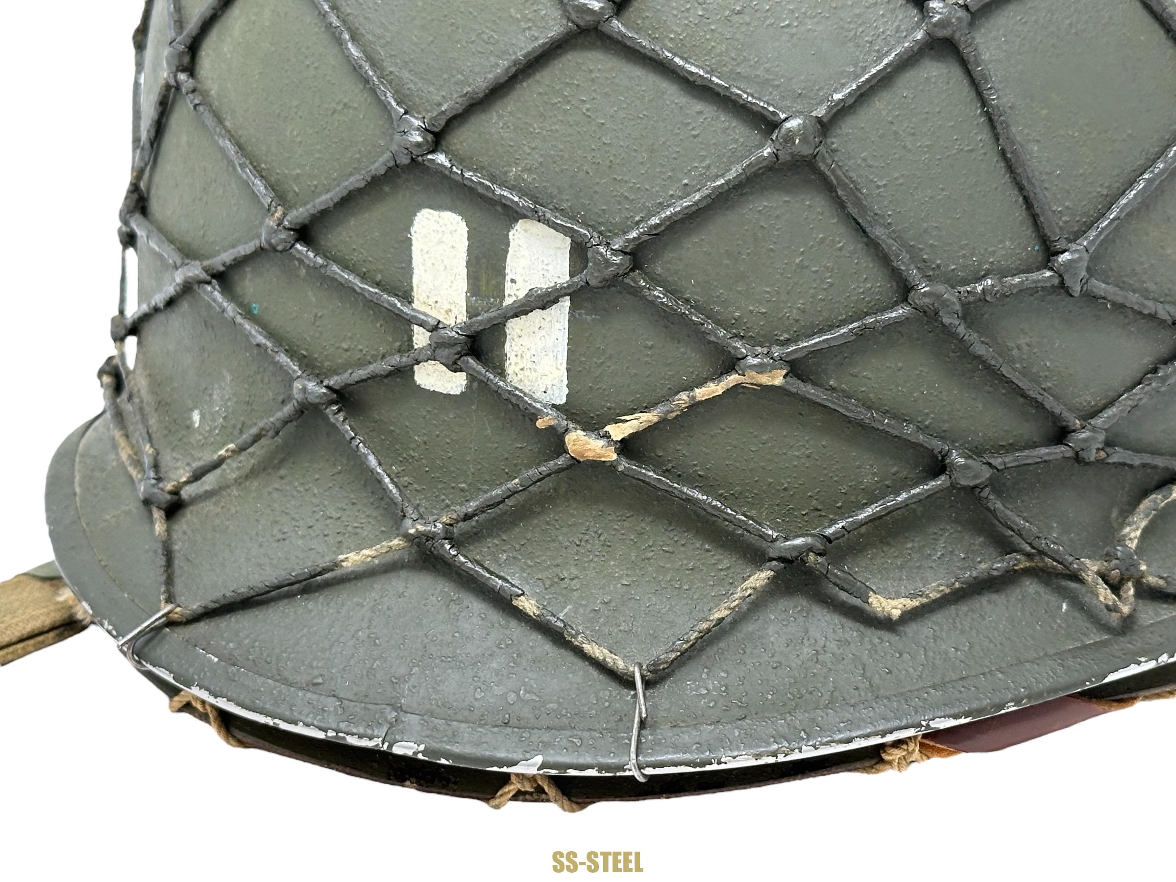 WWII US Captain Painted Camo Netted Helmet, Netted Liner - Image 16