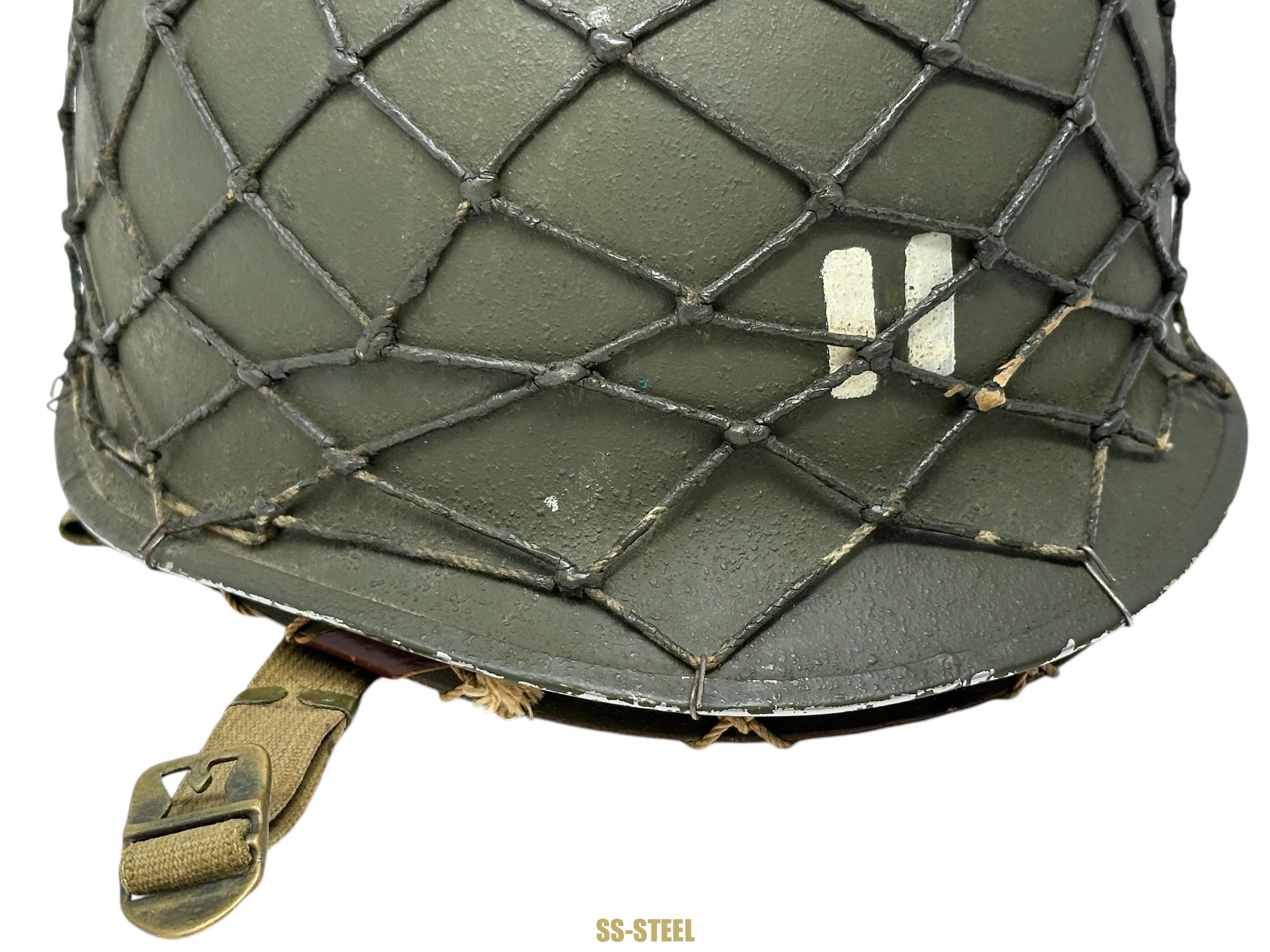 WWII US Captain Painted Camo Netted Helmet, Netted Liner - Image 17