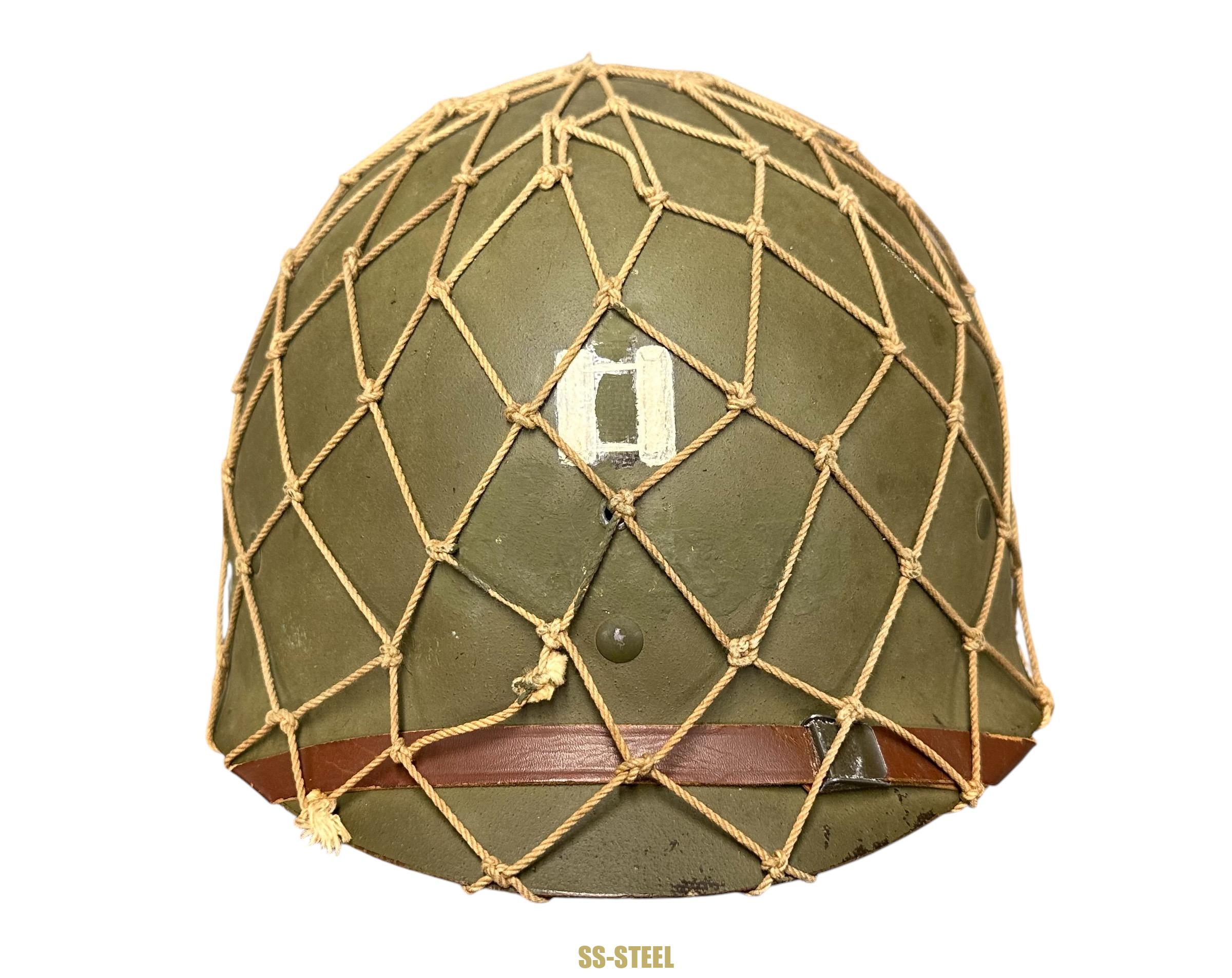 WWII US Captain Painted Camo Netted Helmet, Netted Liner - Image 25