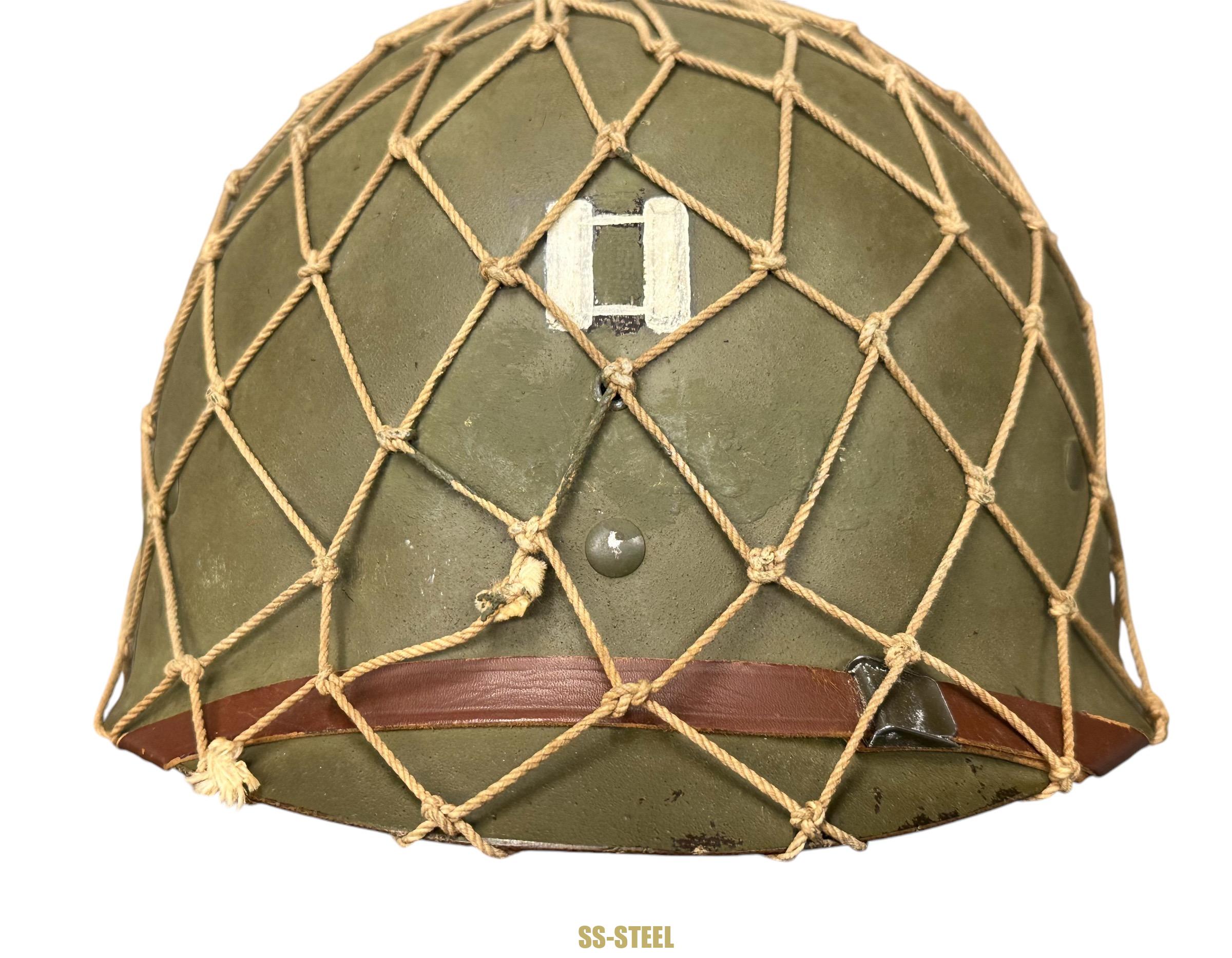 WWII US Captain Painted Camo Netted Helmet, Netted Liner - Image 34