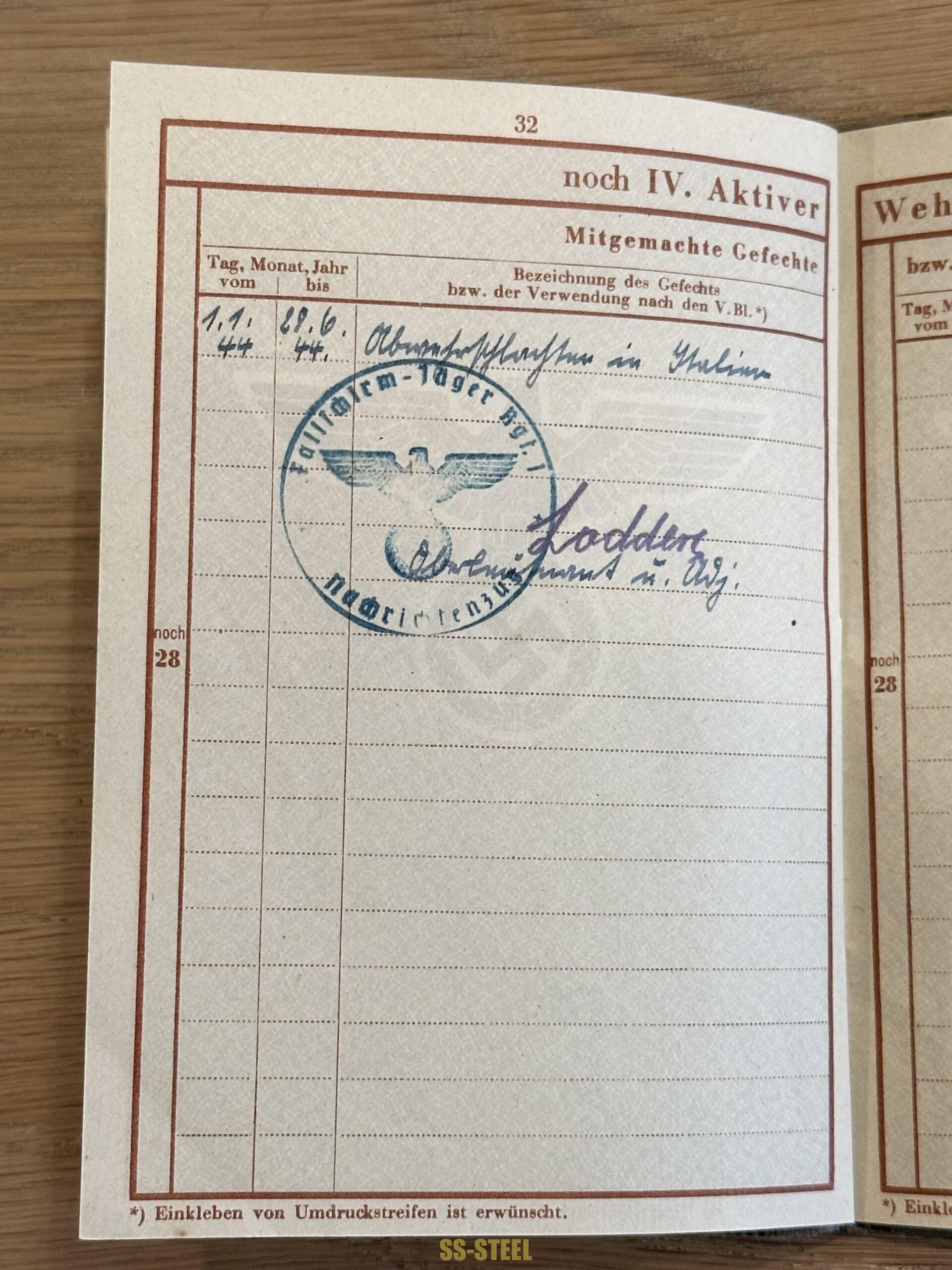 Luftwaffe Paratrooper FJ RGT 1 Wehrpass KIA Italy - Image 13