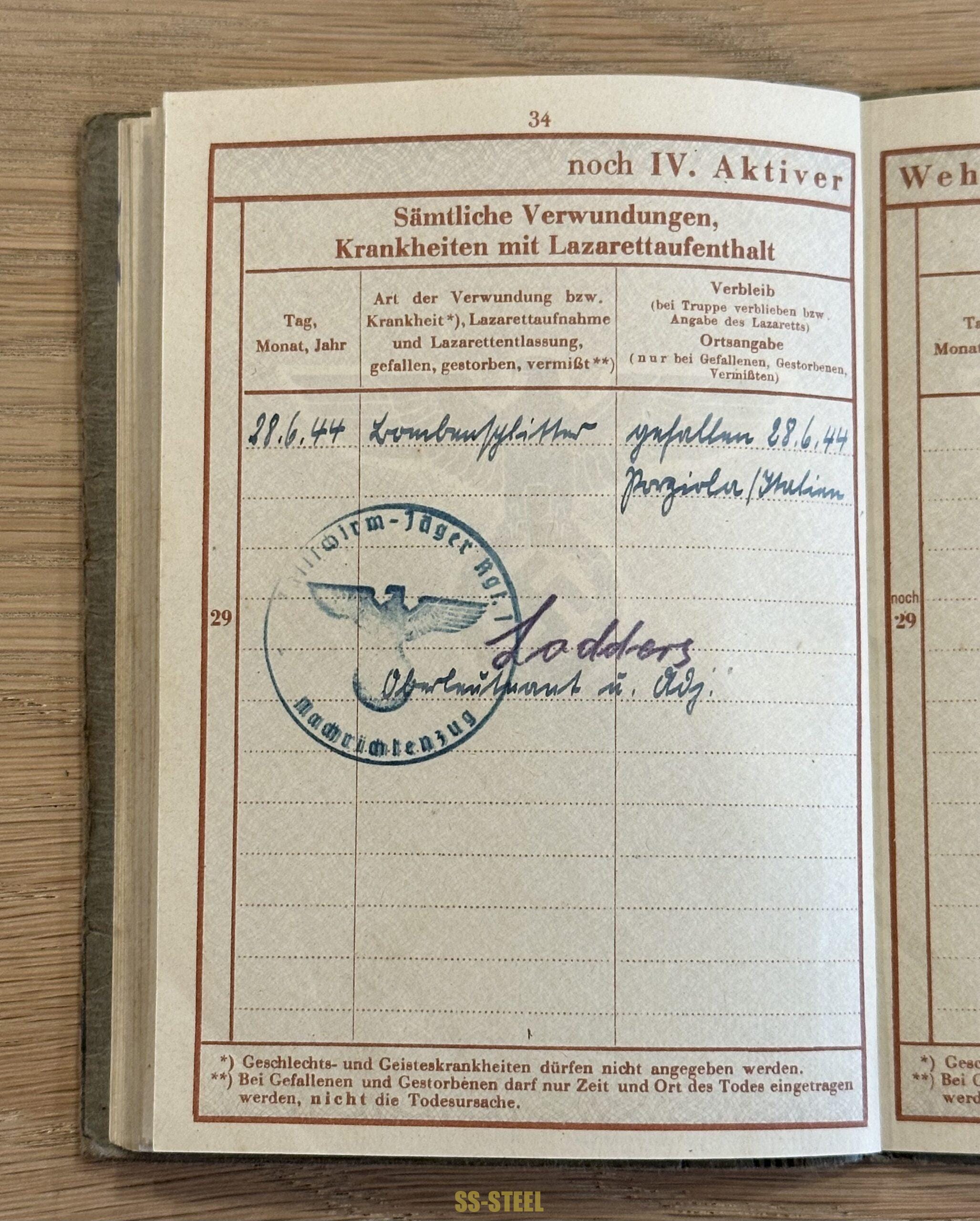 Luftwaffe Paratrooper FJ RGT 1 Wehrpass KIA Italy - Image 14