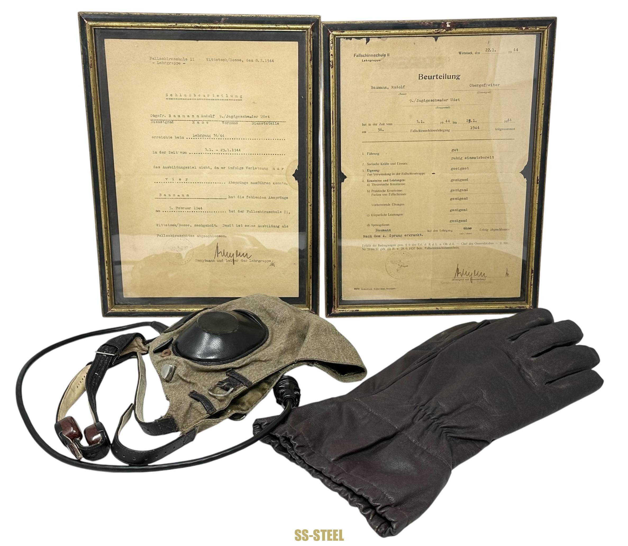 Luftwaffe LKpS101 Helmet, Pilot Gloves, Jump School Document