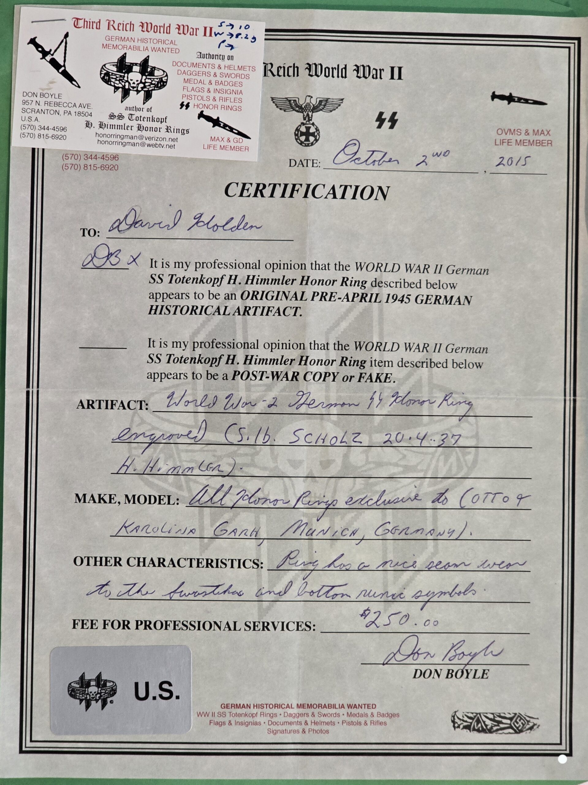 Fine SS Honor Ring, Fully Certified - Image 16