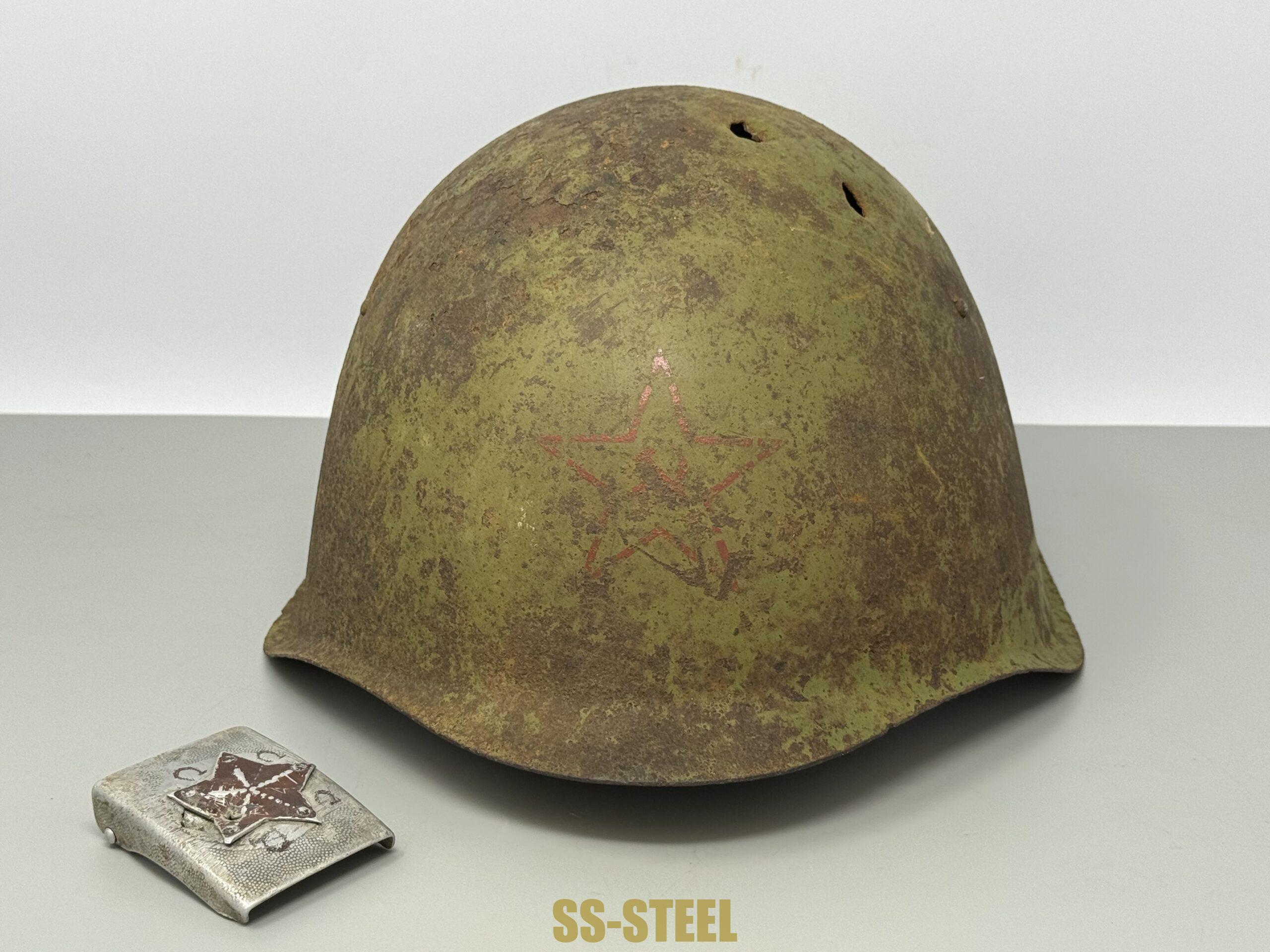 SSH-39 Helmet and RUSSIAN Capture German Heer Buckle--Battle Damaged