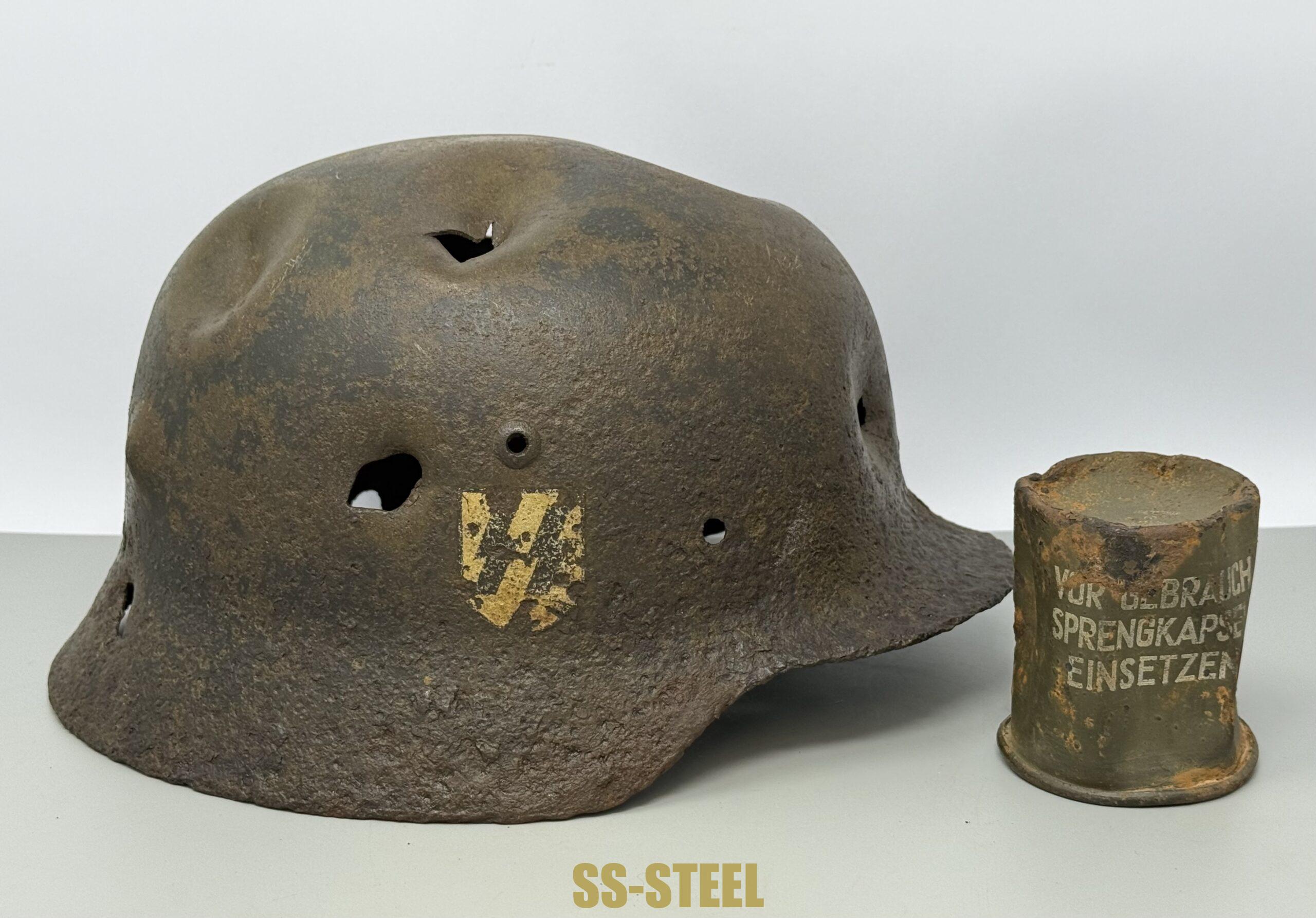 SS M35 Double Decal Helmet and M24 Grenade - Battle Damaged