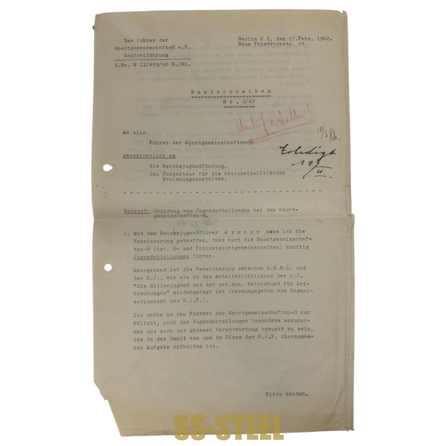 Reinhard Heydrich Signed SS Sports Association Circular on Hitler Youth Departments, Berlin 1942 - Image 2