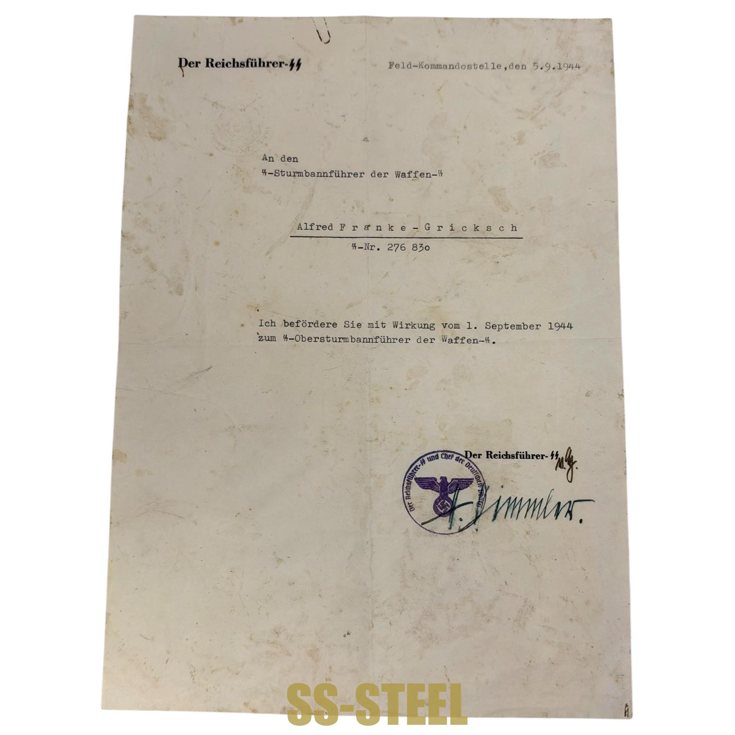 Heinrich Himmler Signed Reichsführer-SS Promotion Document for Alfred Franke-Gricksch, 1944 - Image 2